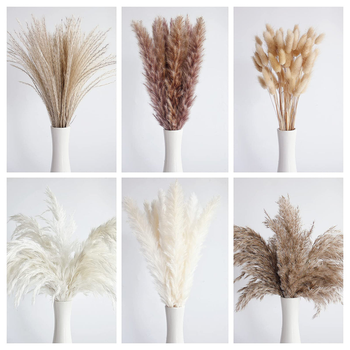 110 PCS Dried Pampas Grass Bouquet, Boho Table Decor, Bunny Tails Dried Flowers, Brown Pompas, White Pampas Grass for Wedding, Home, Rustic Party, Baby Shower Decorations Bannifll