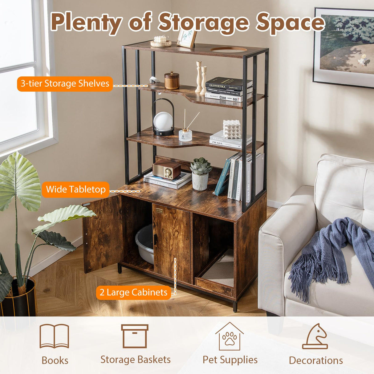 PETSITE Cat Litter Box Furniture with 3 Shelves and Doors, 61 inch Tall Cat Box Enclosure with Display Shelves, Scratching Pad, Indoor Hidden Litter Box with Decorative Storage Shelving (Rustic Brown) PETSITE