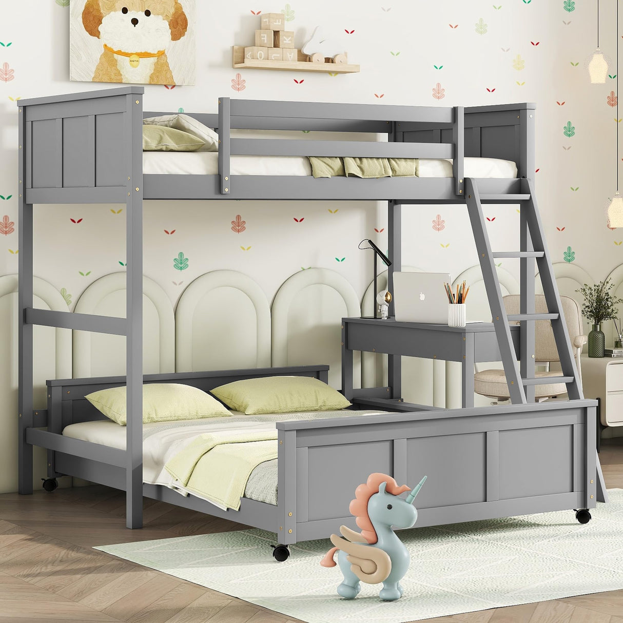 Harper & Bright Designs Twin Over Full Bunk Bed with Desk and Storage Drawers in Grey Harper & Bright Designs