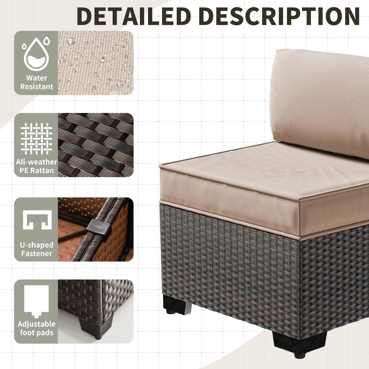 Gotland 9 Pieces Patio Furniture Set with 1 Coffee Table, Wicker Outdoor Sectional with 29.5'' High Backrest Thick Waterproof Cushions, Conversation Sets in 4 Combinations for Deck Pool Khaki Gotland