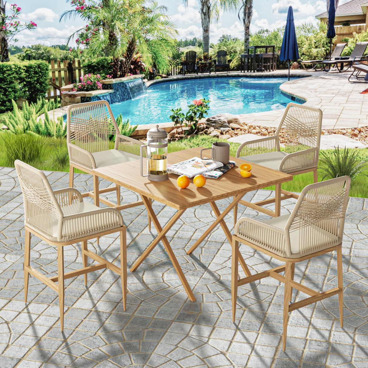 Halitaa Bar Stools Set of 2, Counter Height Barstools with Backrest and Cushion, Modern Rattan Wicker Patio Stools for Kitchen Patio Balcony Pool Outdoor Accent Counter Chairs, White Halitaa