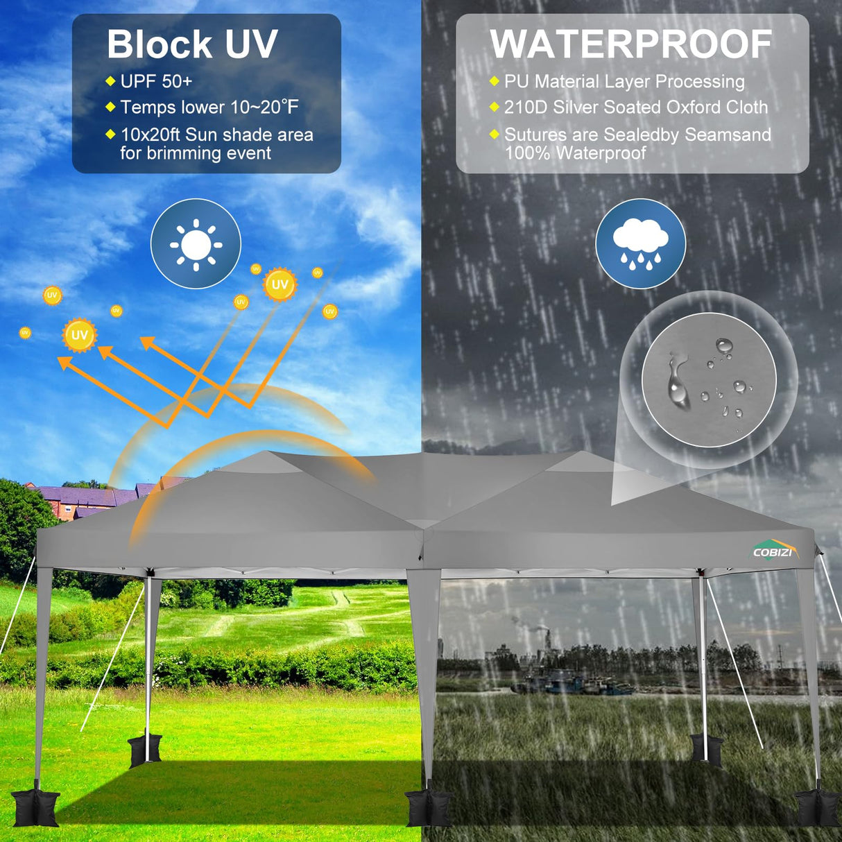 COBIZI Canopy 10x20 Pop Up Canopy Tent 10x20ft Waterproof Party Tent Ez Up Canopy Tents for Parties Wedding Outdoor Commercial Event Gazebo Portable Instant Tent for Backyard Camping Carport(Gray. COBIZI