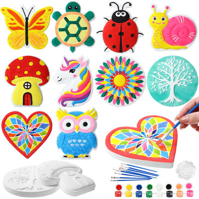 RoundFunny 10 Pack Summer Paint Your Own Stones for Adult Garden Stepping Stone Kit DIY Ceramic Butterfly Flower Turtle Ladybug Painting Craft Kits Painting Supplies Garden Outdoor Art Gifts