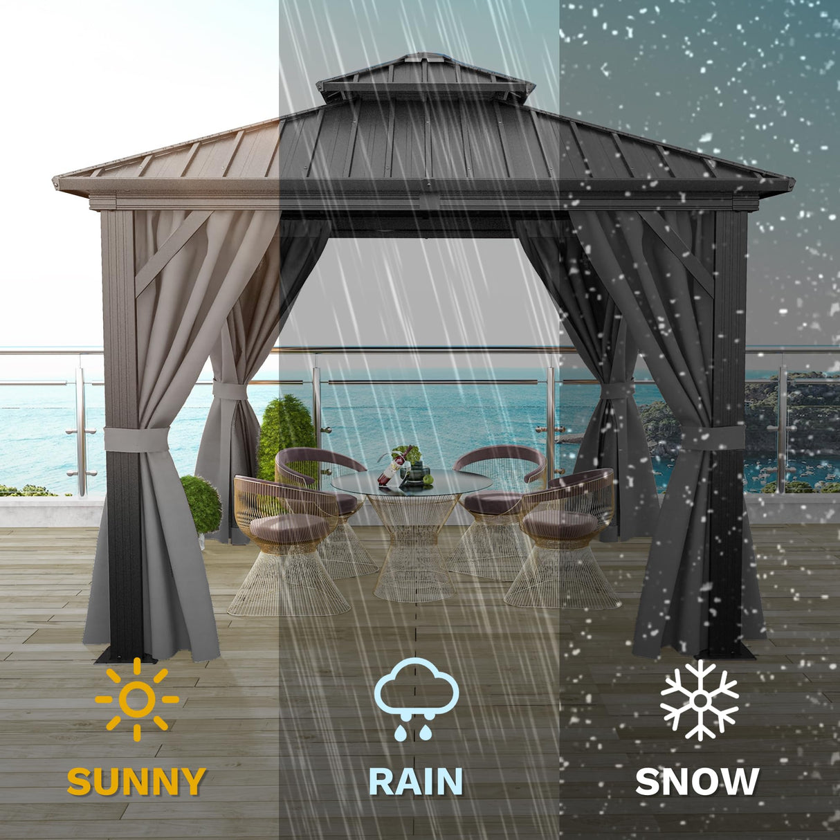 DWVO 10x10ft Hardtop Gazebo Double Roof with Nettings and Curtains, Heavy Duty Galvanized Steel Outdoor Vertical Stripes Roof for Patio, Backyard, Deck, Lawns, Grey DWVO