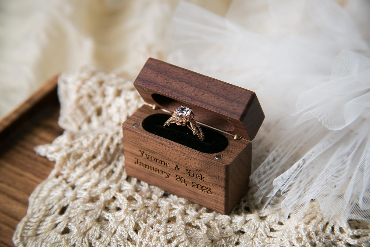 MUUJEE Custom Engraved Wood Flip Ring Box, 2.25 x 0.9 x 2 Inches Wooden Slim Ring Holder For Engagement Proposal, Weddings, Anniversaries, Birthday Gift Ideas MUUJEE