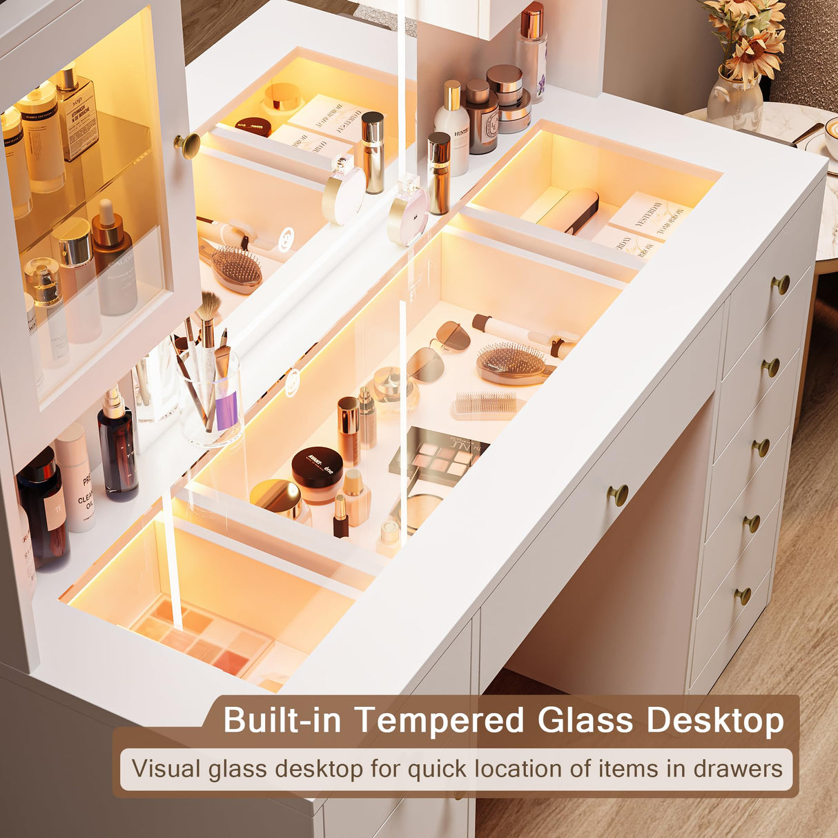 Einhomn Makeup Vanity Desk with Mirror & LED Lights, Large Glass Top Vanity Table with 7 Drawers & 3 Cabinets, Modern Dressing Table with Charging Station & RGB Lights for Bedroom, White Einhomn