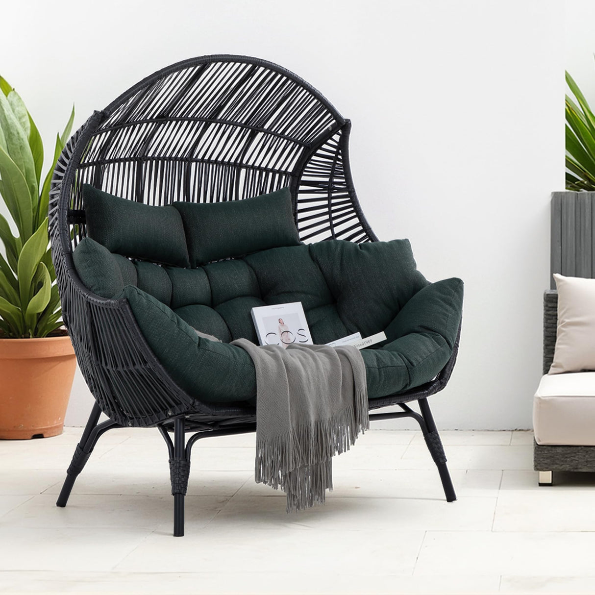 IRONCK Double Egg Chair Outdoor, 2 Person Wicker Lounge Chair, Oversized Thickened Padded Cushions and Headrests, 680 Lbs Egg Loveseat for Indoor, Patio, Living Room, Porch, Balcony, Dark Green IRONCK