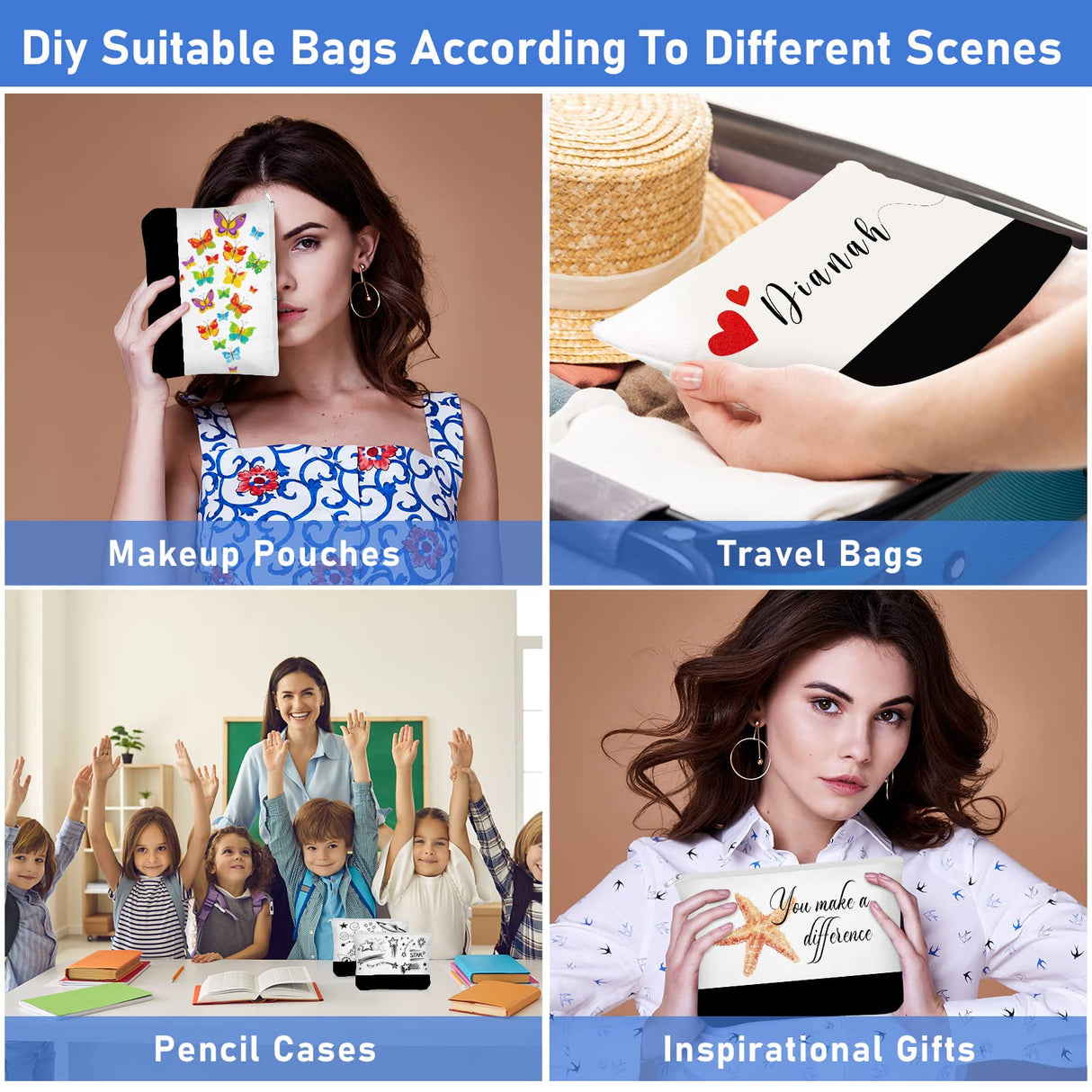 Inbagi 20 Pieces Blank Cosmetic Bags Canvas 9 x 6.9 Inch Sublimation Makeup Bags Bulk with Zipper Blank DIY Toiletry Pouch Canvas Travel Bag for Teachers Students School Travel Pen Pencil Storage Inbagi