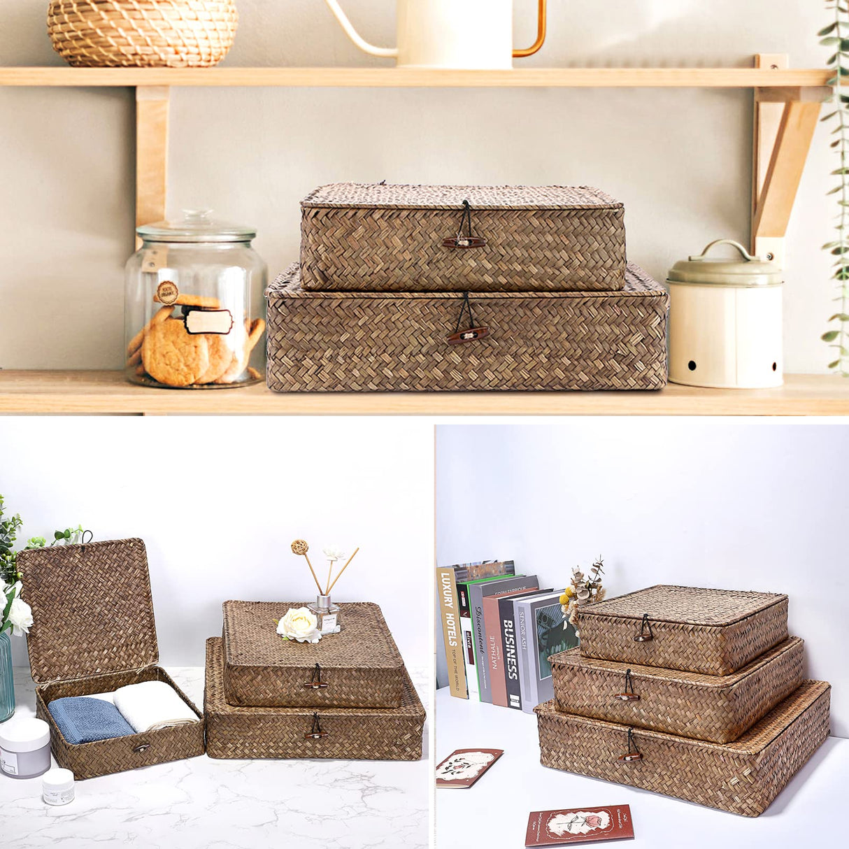 Hipiwe Flat Wicker Basket Bins with Lid - Set of 3 Handwoven Seagrass Storage Basket Shelf Baskets Boxes Multipurpose Home Organizer Bins Boxes for Shelf Pantry Closet,Large Size 14.8"x13" Coffee Hipiwe