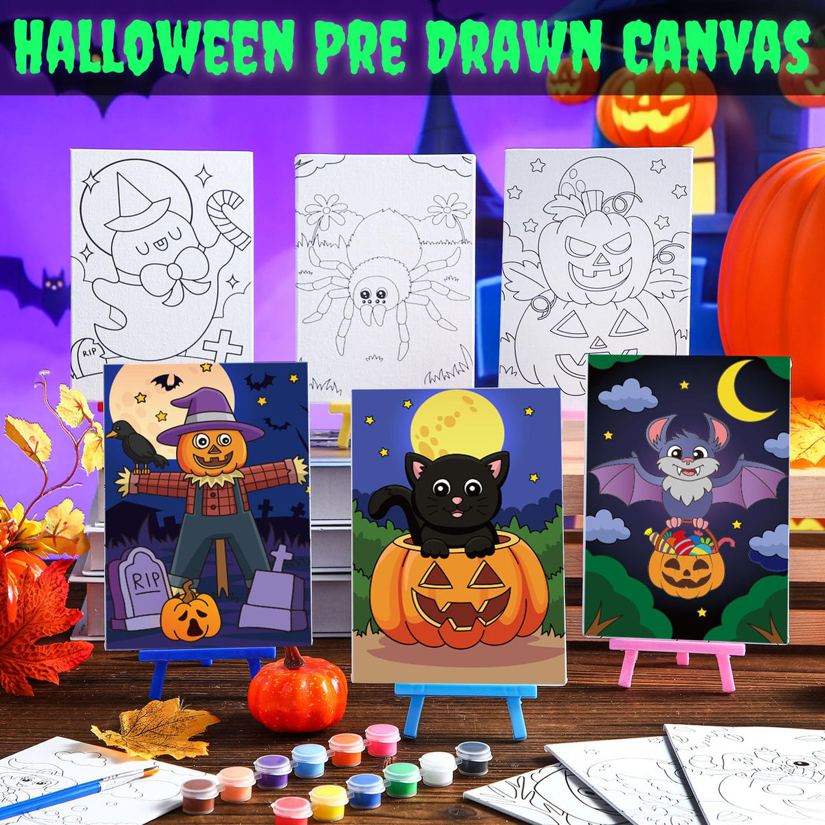 Blosssound 10 Set Halloween Pre Printed Canvas Pre Drawn Canvas Painting with Easel Kits 5" x 7" Outline Painting Panels for Beginners, DIY Craft Project, Party Favor, Home Decors Blosssound