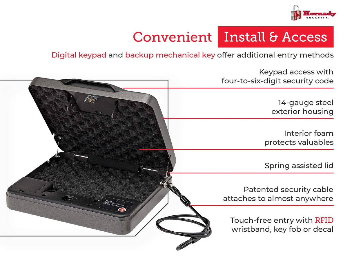 Hornady Rapid Safe 4800KP - Portable Gun Safe for Firearms - RFiD Safe for Fast, Multiple Method Entry - Includes Rapid Safe, RFiD Wristband, Key Fob, 2 Decals, 2 Barrel Keys and Security Cable Hornady