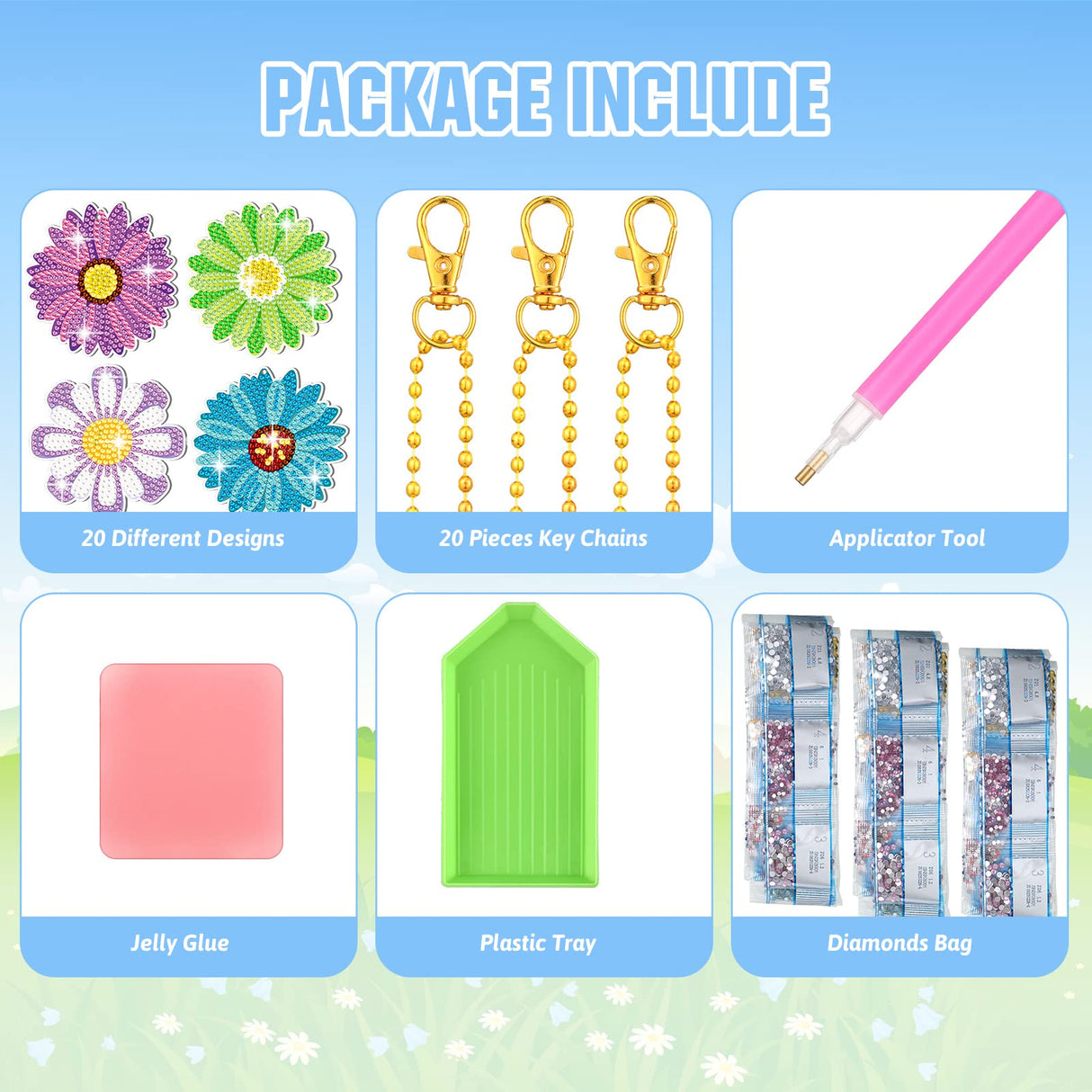 FairySandy 20 Pcs Spring Flowers Diamond Painting Keychains Daisy Diamond Art Keychains Kits for Adults Sunflower Hanging Ornaments Rhinestones Bookmarks 5D Key Rings for DIY Crafts Home Party Decor FairySandy