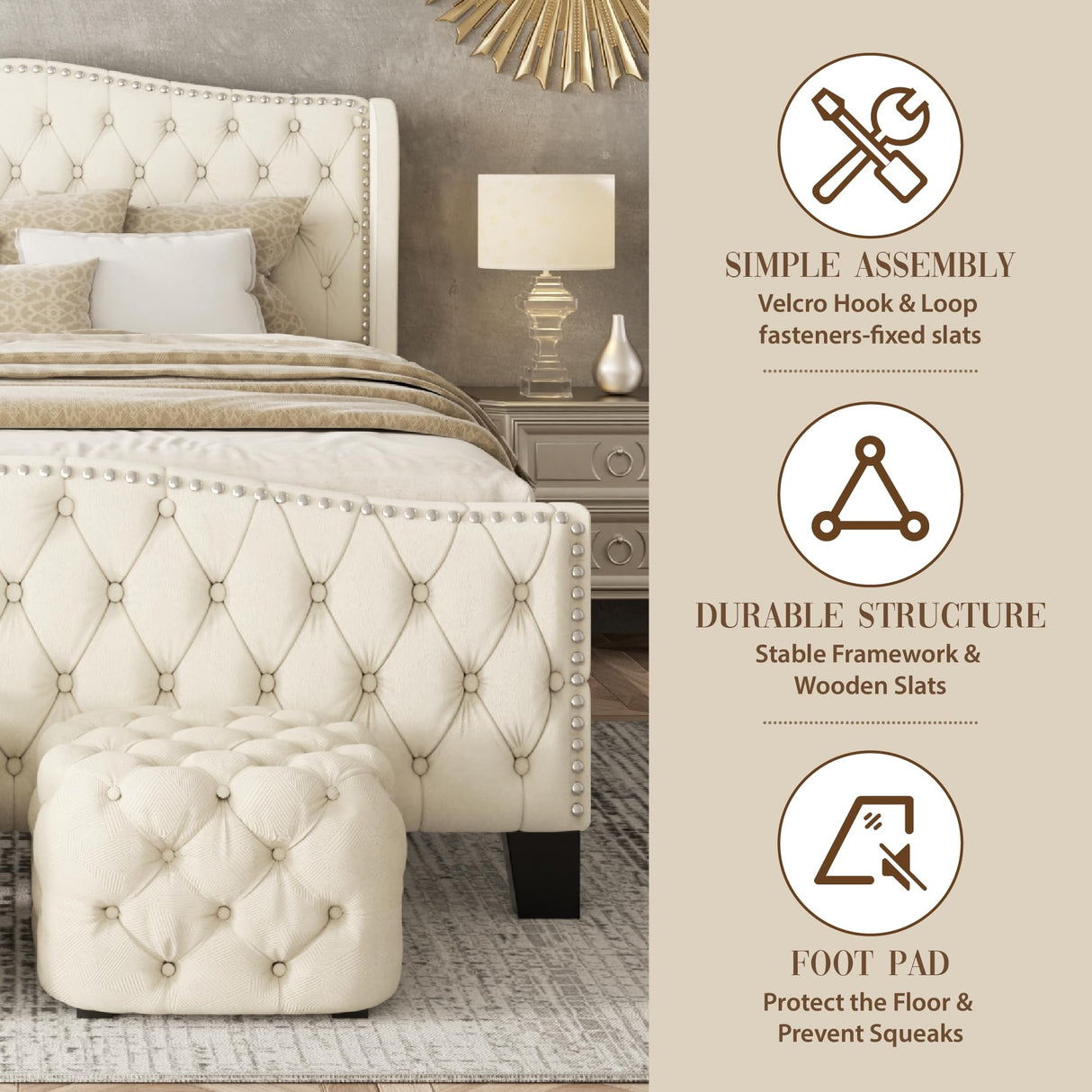 SwnftWinnt Queen Bed Frame Velvet Upholstered Platform Bed Frame with Button Tufted Tall Wingback Headboard, Low Profile, Nailhead Trim, No Box Spring Needed, Noise Free, Beige SwnftWinnt