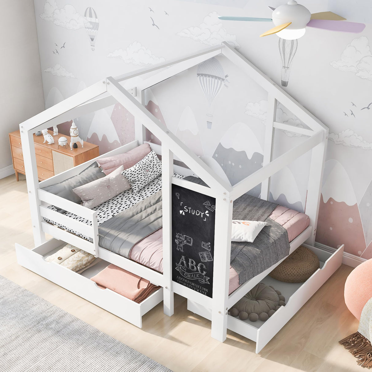 DNYN Twin Size House Bed with Storage Drawers and Blackboard Design, White DNYN