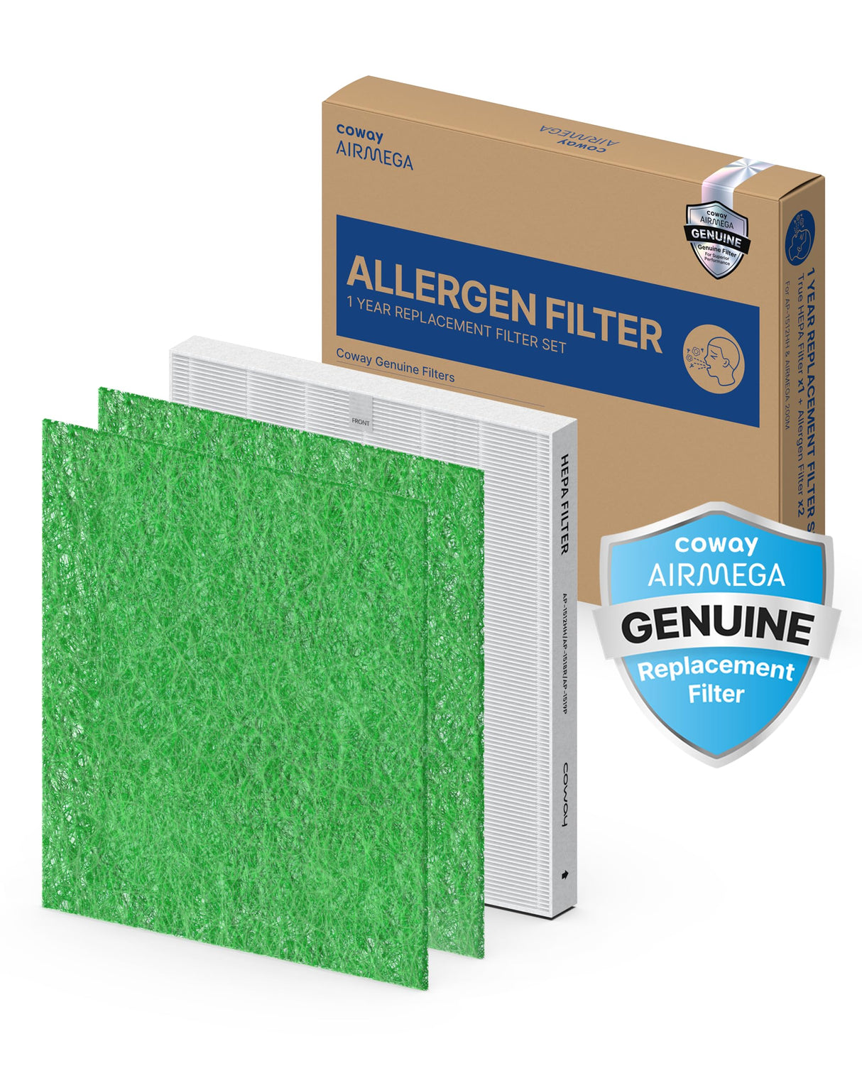 COWAY AP-1512HH & 200M Air Purifier Filter Replacement, Allergen Filter Pack, 2 Allergen Deodorization Filters and 1 True HEPA Filter, 1 Pack, Green Coway