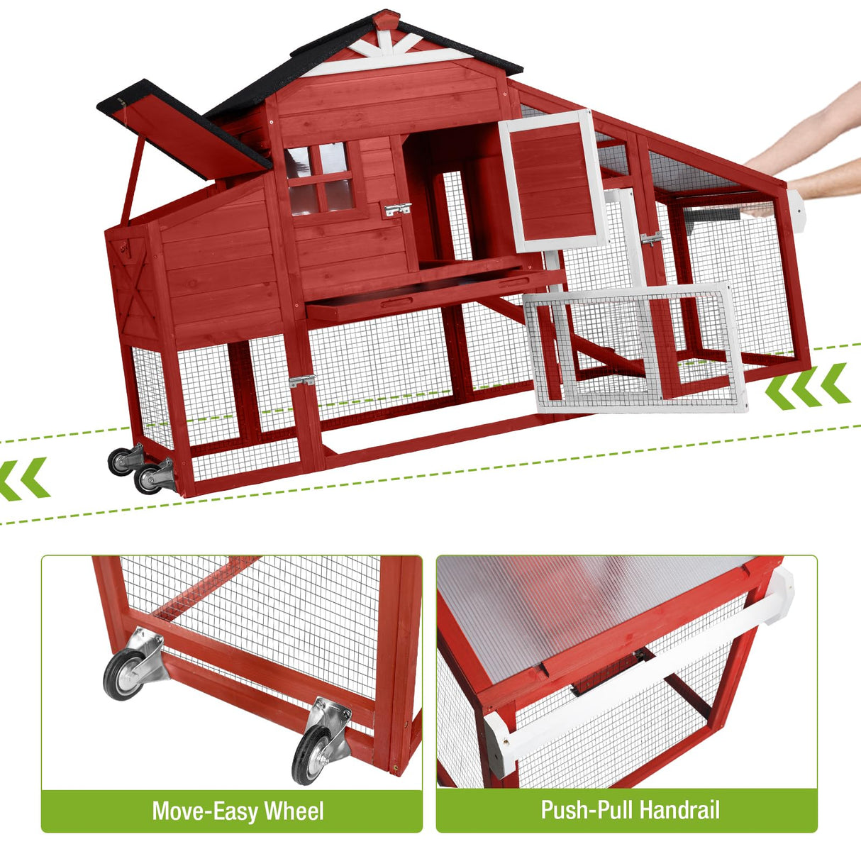 GUTINNEEN Chicken Coop Mobile Hen House with Nesting Box Outdoor Rabbit Hutch Poultry Cage 73.4" with Wheel for 2-4 Chickens, Red GUTINNEEN