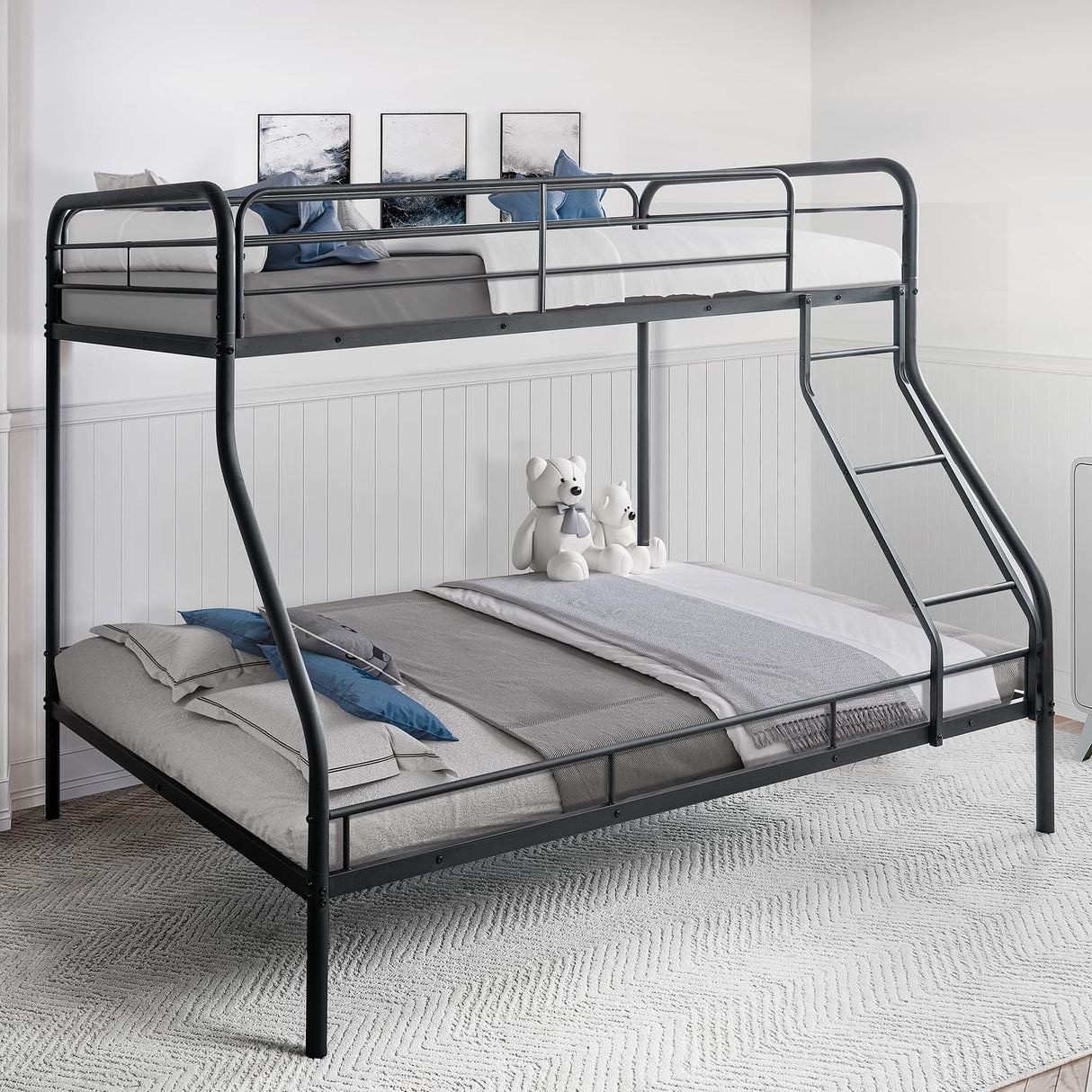 Naomi Home Twin Over Full Metal Bunk Bed with Safety Guardrails, 800 lbs Capacity, Angled Ladder, Underbed Storage, Black, Modern Design Naomi Home