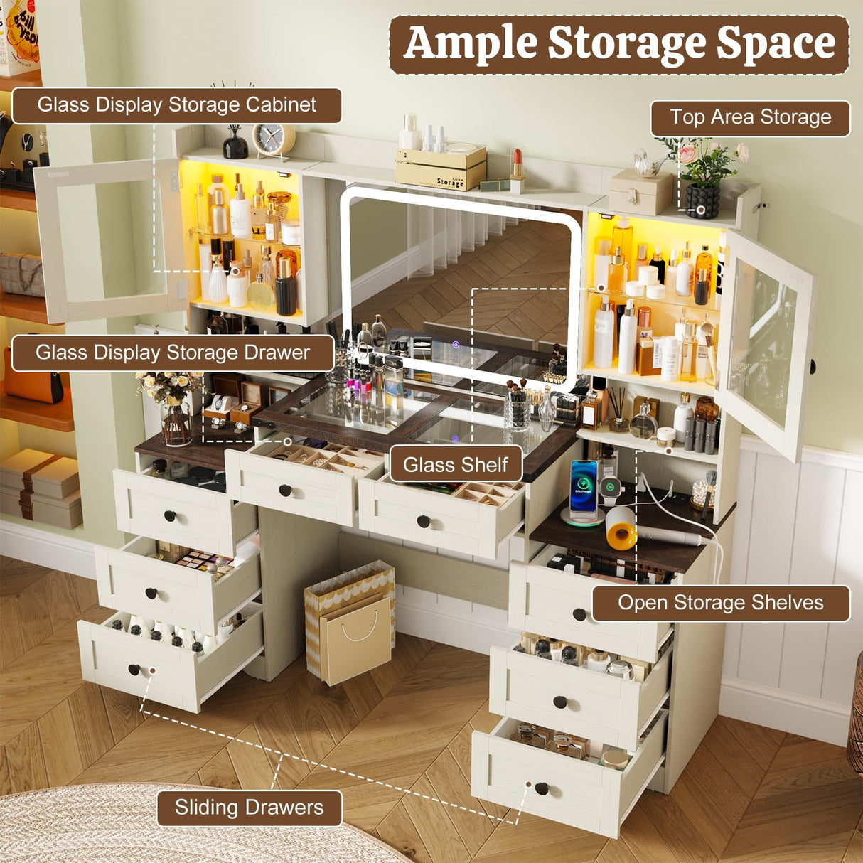 jiteentarou 60" Large Farmhouse Vanity Desk with LED Mirror, Lights and Charging Station, Glass Top Makeup Vanity Table w/8 Drawers, LED Glass Storage Cabinet, Dressing Table for Bedroom, Rustic White jiteentarou