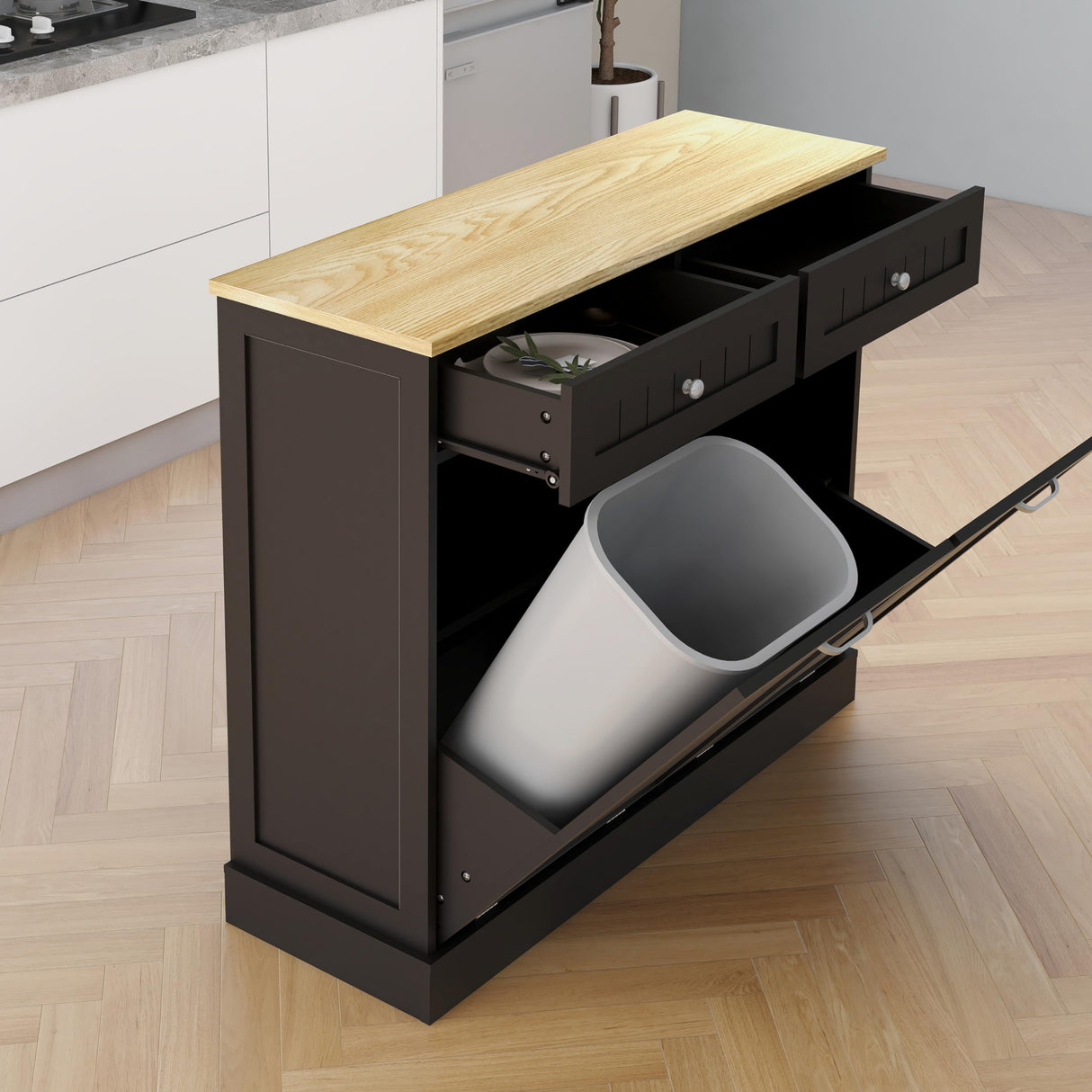 RASOO Double Tilt Out Trash Can Cabinet Freestanding Laundry Hamper Wooden Tabletop with 2 Drawers Kitchen Garbage Can for 10 Gallon, Black RASOO