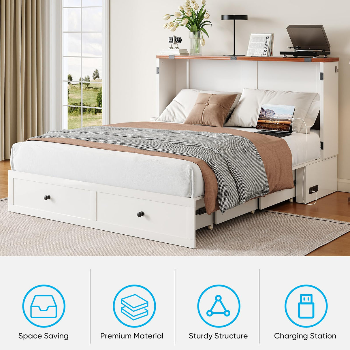 Mjkone 57.5" Width Full Size Cabinet Murphy Bed with Charging Station, Mattress Included, Storage Murphy Bed Chest Wall Cabinets Beds with Foldable Panel for Guest Small Spaces, Home Offices, White Mjkone