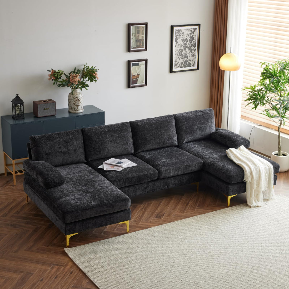 Karl home Convertible Sectional Sofa 110" U-Shape Sofa Couch 4-Seat Couch with Chaise ChenilleFabric Upholstered for Living Room, Apartment, Office, Black Karl home