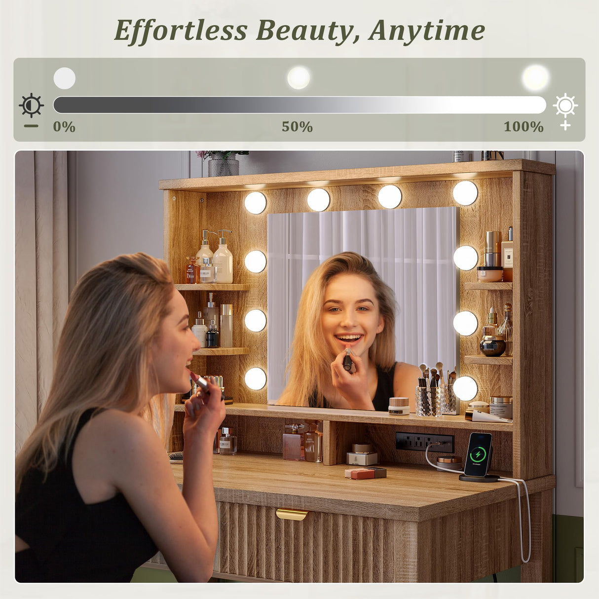 Homkdom Vanity Desk with HD Mirror and 3-Color Adjustable Lights, Fluted Makeup Vanity with Storage Stool, 2 Large Drawers & Charging Station, Small Vanity for Women's Bedroom, Dressing Room, Oak Homkdom