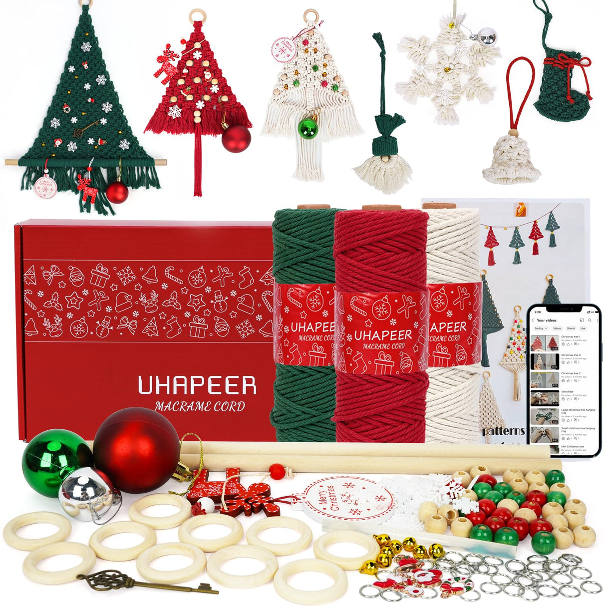 UHAPEER 137PCS Macrame Kits for Adults Beginners DIY Macrame Christmas Tree and Boho Macrame Supplies with 3 mm Macrame Cord Cotton Beads Xmas Ornaments Christmas Decorations Gifts Wall Hanging UHAPEER
