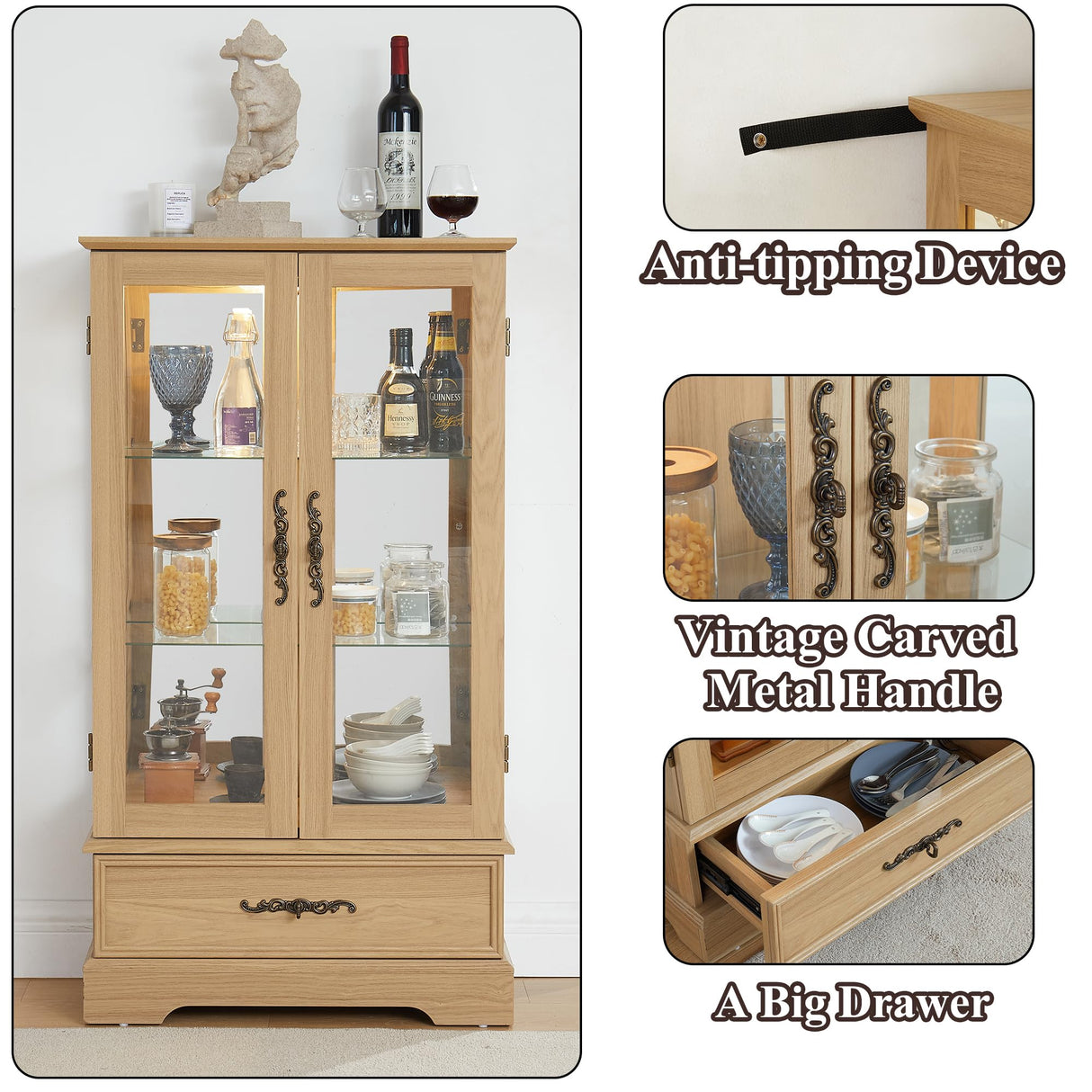 nifoti 47" H Lighted Curio Cabinet Display Case, Glass Cabinets with Adjustable Shelves,Tempered Glass Door and Drawer, Wooden Curio Cabinet with Mirrored Back Pane for Living Room (Light Oak) nifoti