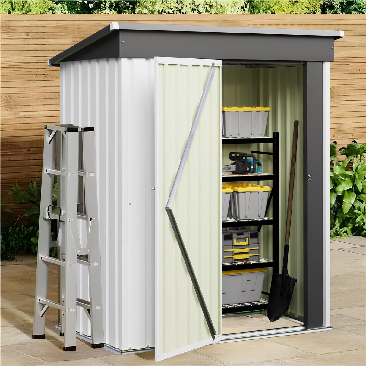 JUMMICO Metal Outdoor Storage Shed 5 x 3 FT Metal Shed with Lockable Door,Waterproof Garden Tool Shed Storage House for Backyard Patio Lawn,White JUMMICO