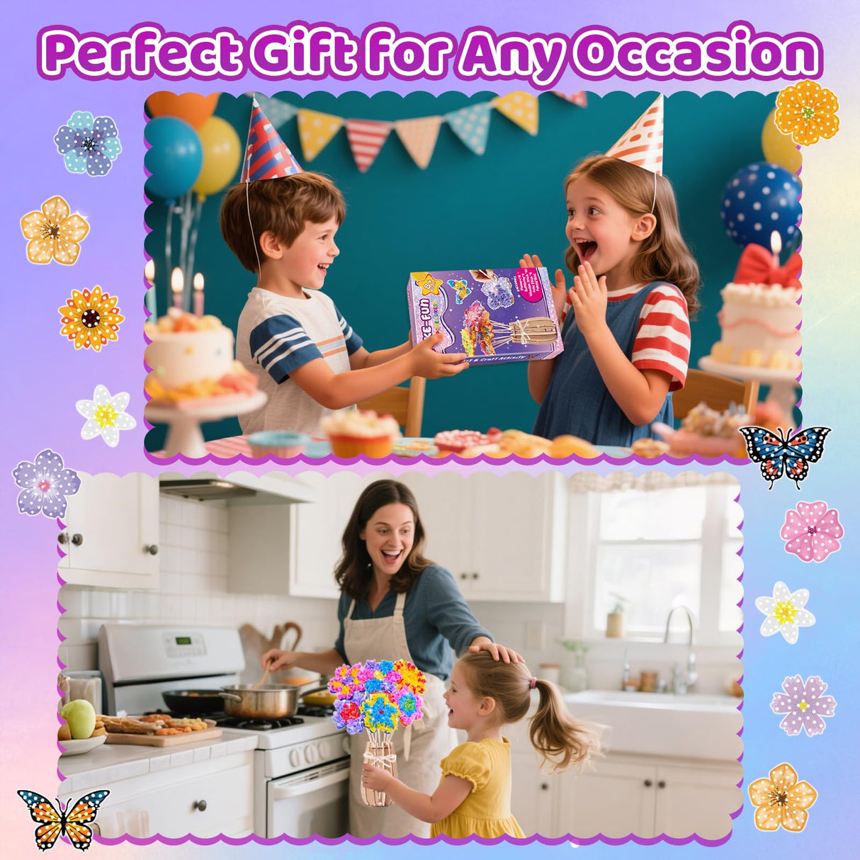 Poke Art Flower Bouquet Craft Kit - DIY Creative Activity Toy with 8 Flowers & 2 Butterflies, Wooden Arts and Crafts for Kids Ages 4 5 6 7 8+, DIY Creative Christmas Gift Kit for Girls Ages 4-12 GFLLFG