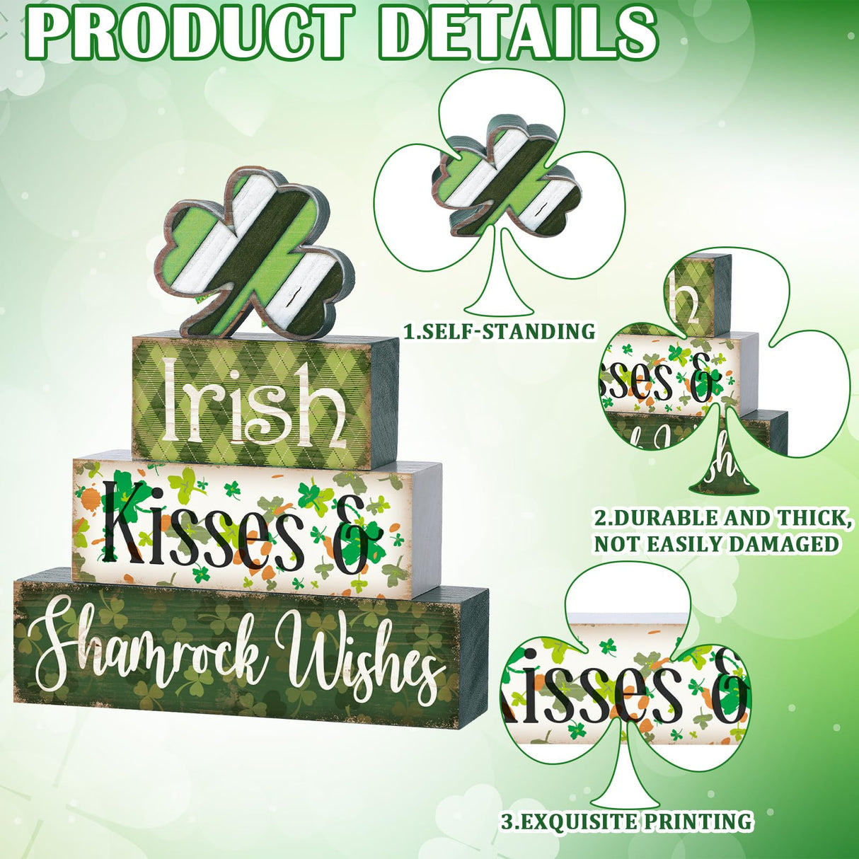 Huquary 4 Pcs Farmhouse St. Patrick's Day Table Sign Irish Table Wood Decorations Shamrock Clover Blocks Lucky Print St. Patrick's Day Tiered Tray Decor for Party Home Desk Huquary