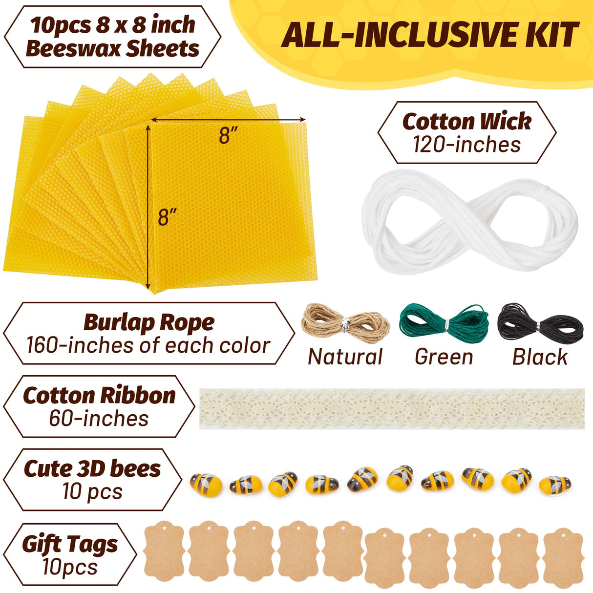 HASSLICKIT Natural Beeswax Candle Making Kit for Kids and Adults-12 Beeswax Sheets for Candle Making Rolling DIY Kits (Natural Yellow Color, 8 x 8 inch) HASSLICKIT