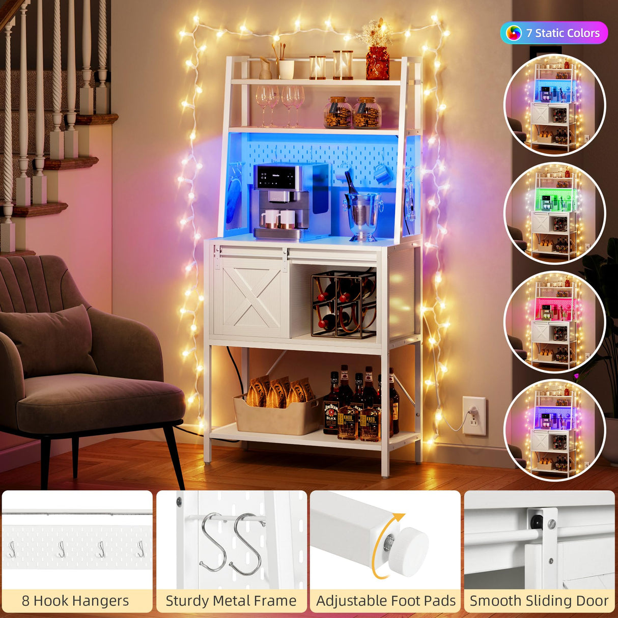 DWVO White Bakers Rack with Power Outlet, LED Light, and Sliding Storage Door - Farmhouse Kitchen Coffee Bar with 4-Tier Shelves and Hooks DWVO