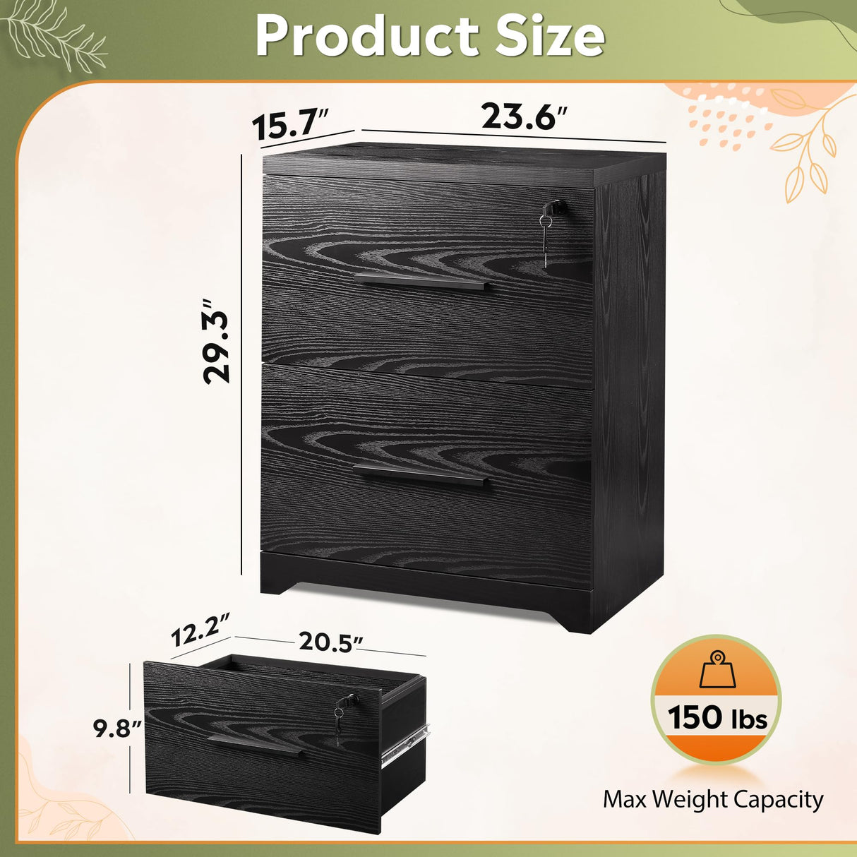 DEVAISE 2-Drawer Wood Lateral File Cabinet with Lock for Office Home, Black DEVAISE