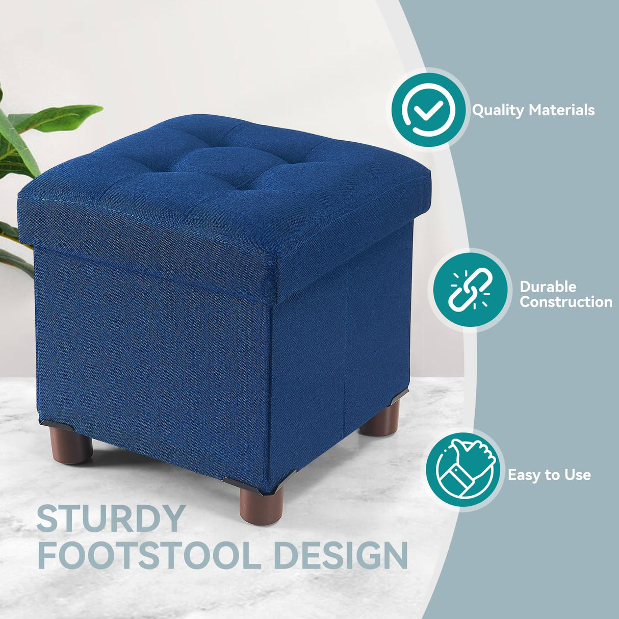 BRIAN & DANY Small Ottoman with Storage, Small Storage Ottoman, Folding Foot Stool with Wood Legs for Living Room and Bedroom Linen Rest Seat, 12.6"x12.6"x12.8" - Blue BRIAN & DANY