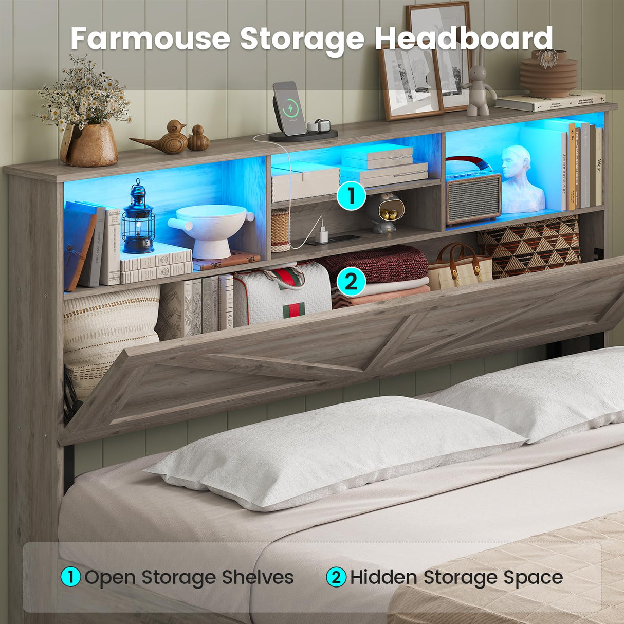 AOGLLATI Farmhouse Full Size Bed Frame with 4 Storage Drawers and Charging Station, Wooden Full Bed Frame with Hidden Space Bookcase Headboard and Led Lights & Metal Slats, Gray AOGLLATI