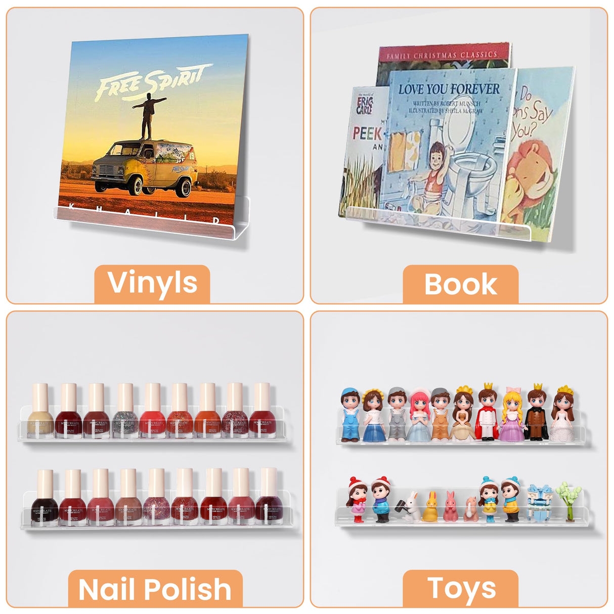 upsimples 8 Pack Vinyl Record Wall Mount Shelves, 12" Vinyl Holder for Album Record Storage & Display, Clear Acrylic Floating Shelves for Wall Decor, Kids Bookshelf, Magazine Rack, Picture Ledge upsimples