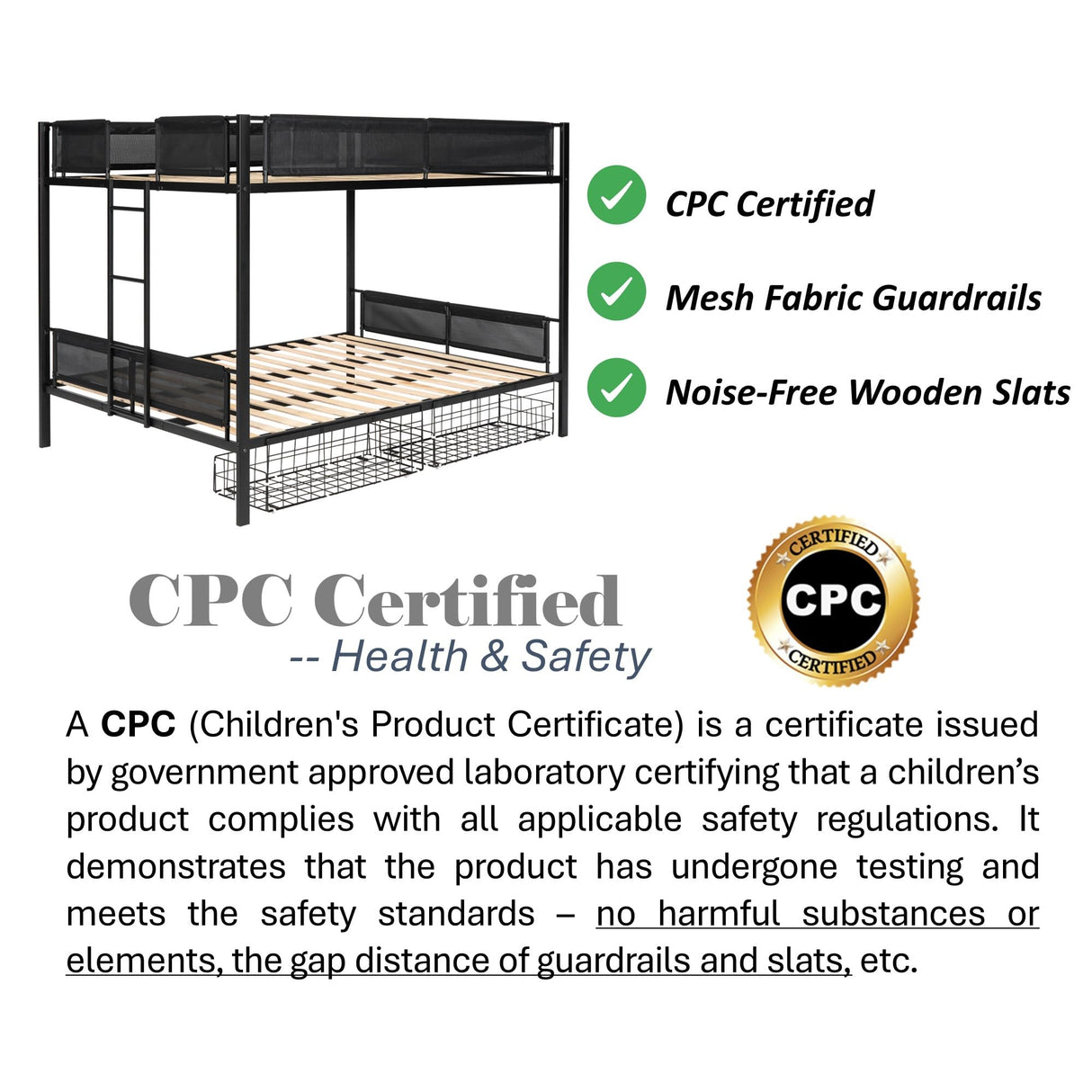 PVWIIK Queen Over Queen Metal Bunk Bed with Storage Drawers for Dorm,Bedroom,Guest Room,Heavy Duty Bunk Bed w/Ladder & Full Length Guardrail for Kids,No Box Spring Needed, Black PVWIIK