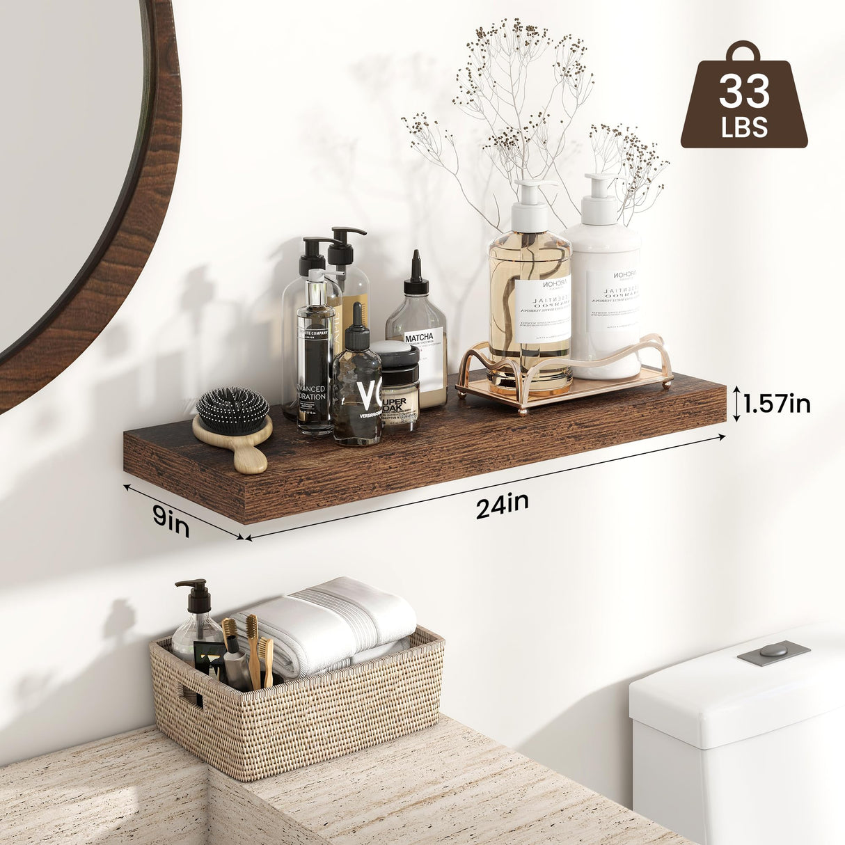 Heimlove 24 inch Floating Shelves for Wall,9.3 inch deep Brown Bathroom Over Toilet Shelf,Wall Mounted Rustic Wood Shelves for,Bedroom,Living Room,Kitchen,Office Decor Set of 2-Brown Heimlove