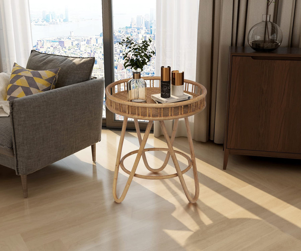 FINECASA Rattan Side Table with Wicker Tray Top 20x23'', Boho Hand-Woven End Table, Small Round End Table with Hairpin Legs, Coffee Table Set for Living Room, Bedroom (Handcraft) FINECASA