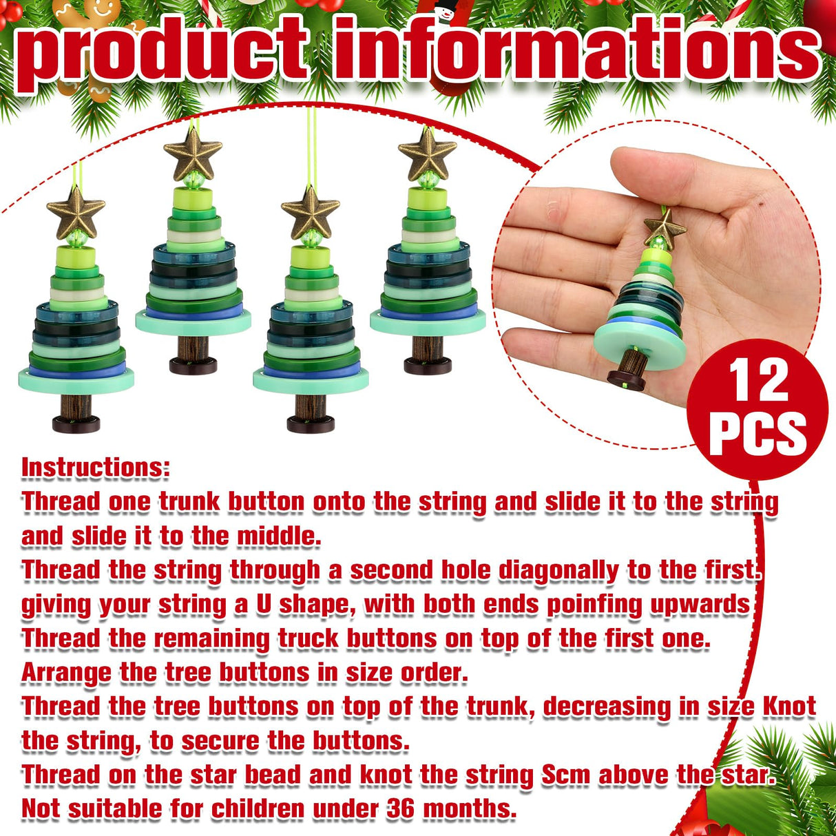 Soulchen 12 Sets Button Christmas Tree Craft Kits Make Your Own Button Christmas Tree Decorations DIY Xmas Hanging Ornament for Holiday Stocking Filler Gift Decor(Green) Soulchen
