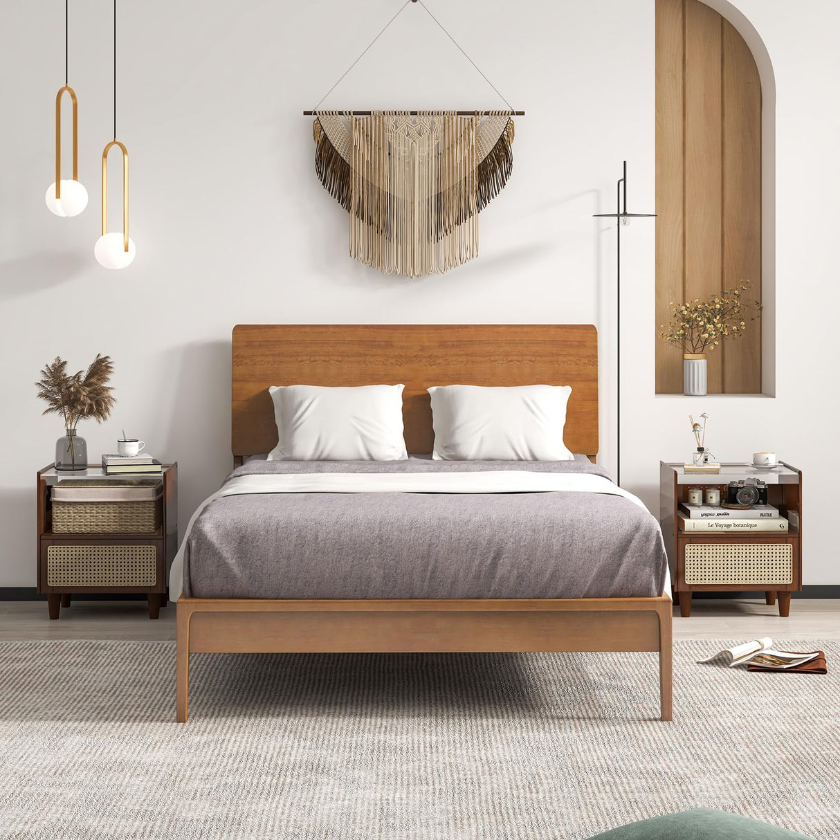 Giantex Rattan Nightstand with Drawer Set of 2, Boho Bamboo Bedside Table with Tempered Glass Top and Solid Wood Legs, 20" End Side Table with Storage, Night Stand for Bedroom, Living Room, Walnut Giantex