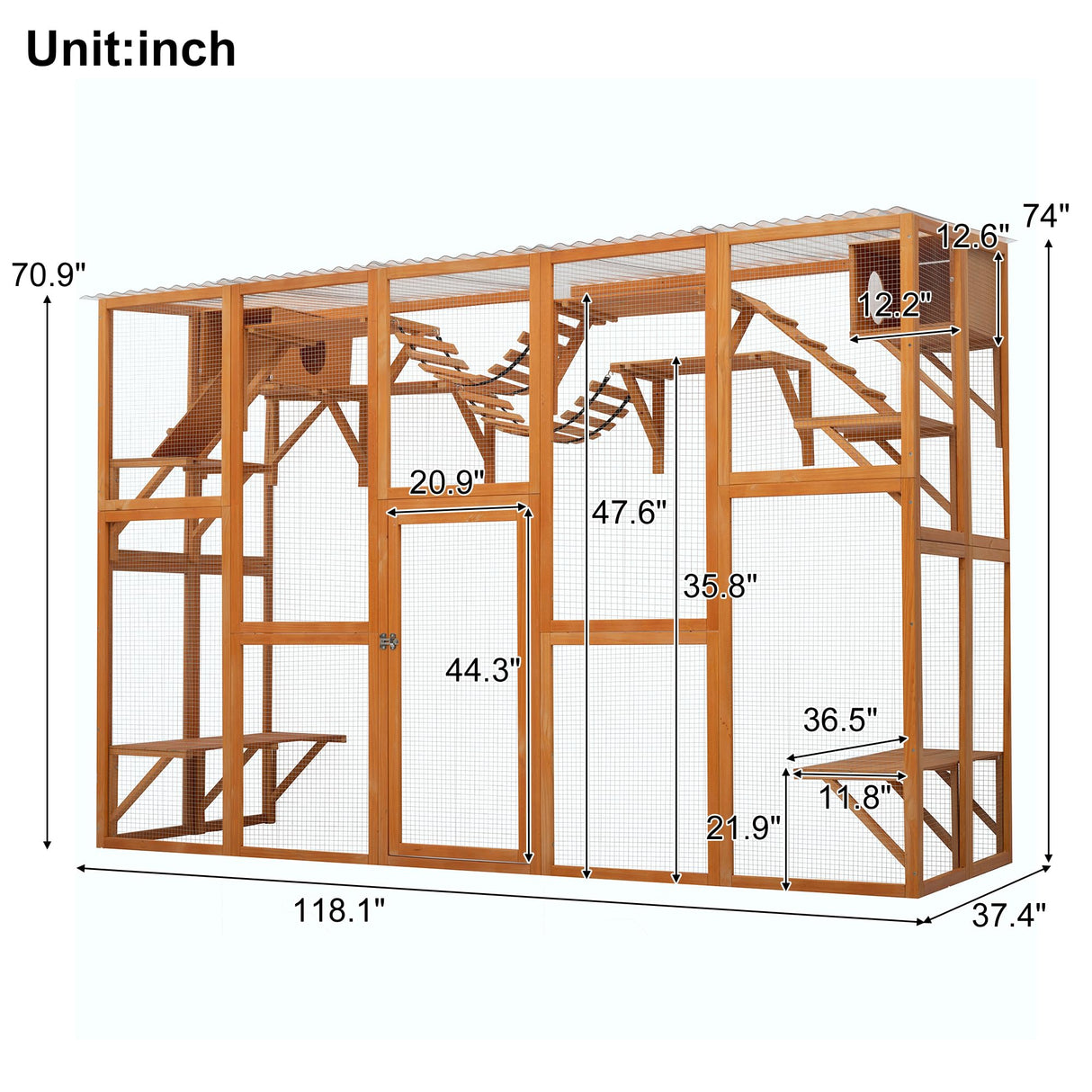 118" Large Wooden Window Catio Outdoor Cat Enclosure Walk in Cat Cage Kitten Playpen Patio with Weatherproof Roof, 6 Platforms, 2 Bouncy Bridges and 2 Resting Houses MegaChoice