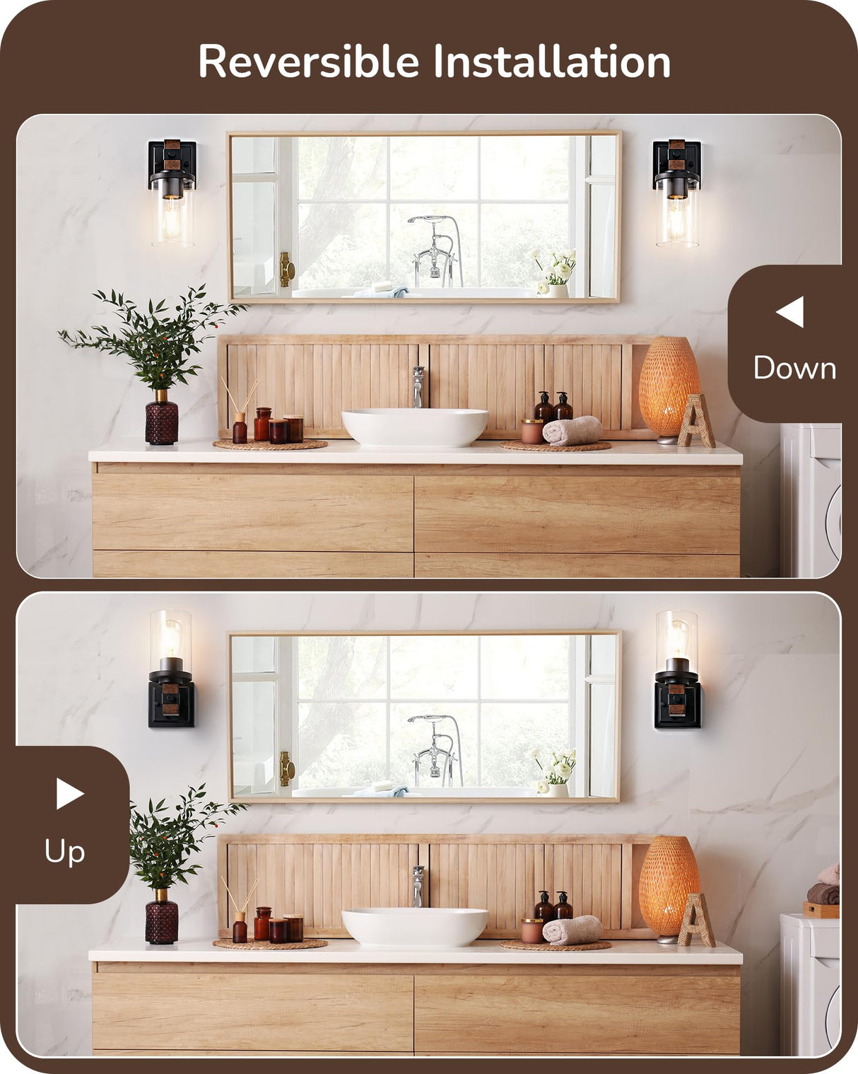 EDISHINE Wall Sconces Set of 2, Farmhouse Vanity Lights Fixtures for Bathroom, 1-Light Faux Wood Rustic Bath Wall Mount Lamp with Clear Glass Shade for Hallway, Living Room, Mirror, Kitchen EDISHINE