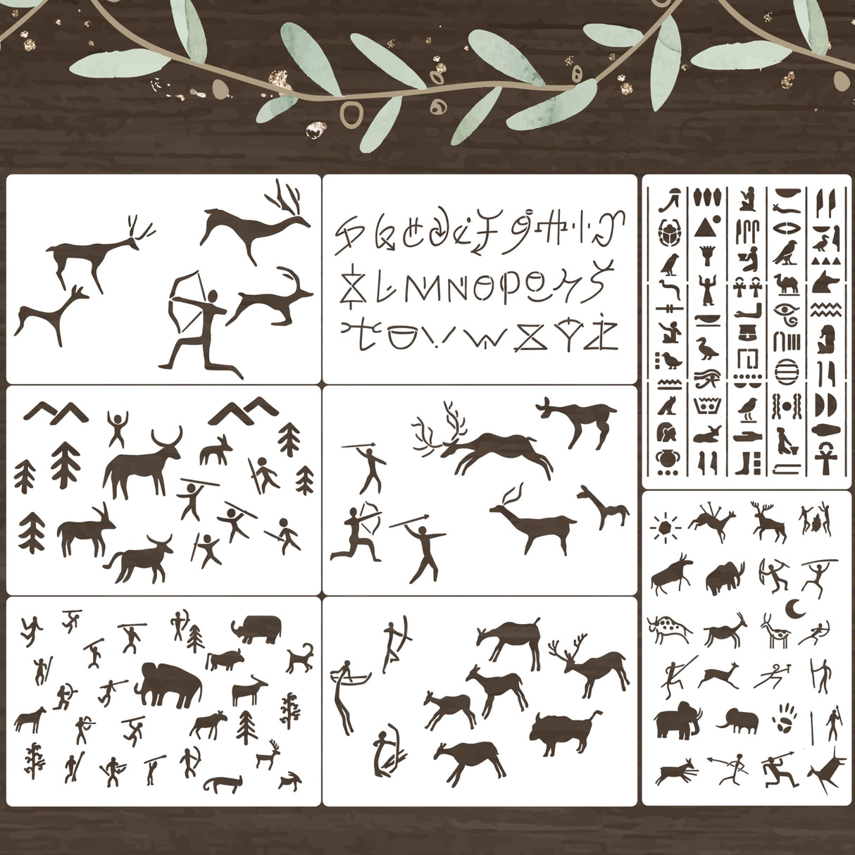 Stencils for Painting on Wood Cave Art Stencils for Crafts Reusable Egyptian Prehistoric Stone Age Templates for Wood Sign Rock Fabrics Paper Card Decor SUNVERSE