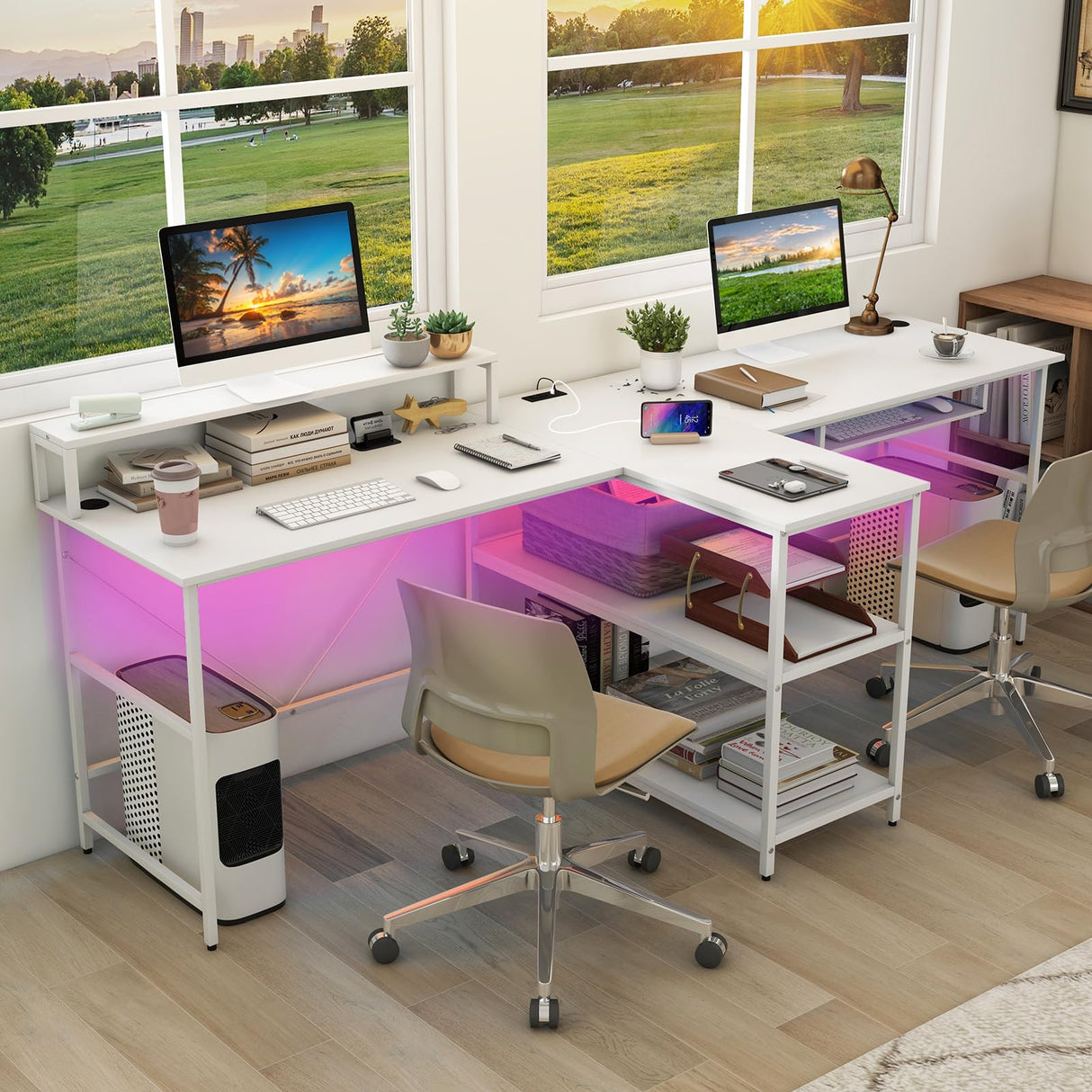 Tangkula 2-Person Reversible Computer Desk with LED Lights, 94.5” Long Office Desk with Power Outlets, Monitor Stand, Keyboard Tray & 2 Storage Shelves, Double Desk for Gaming Working Writing (White) Tangkula