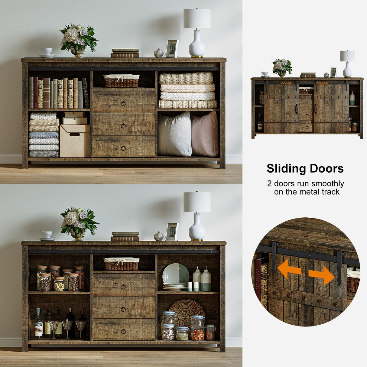 REAHOME 60" Buffet Cabinet with Storage, Farmhouse Sideboard Buffet Cabinet with Sliding Barn Doors & 3 Drawers, Wood Coffee Bar Cabinet Buffet Table for Kitchen, Dining Room, Rustic Brown REAHOME