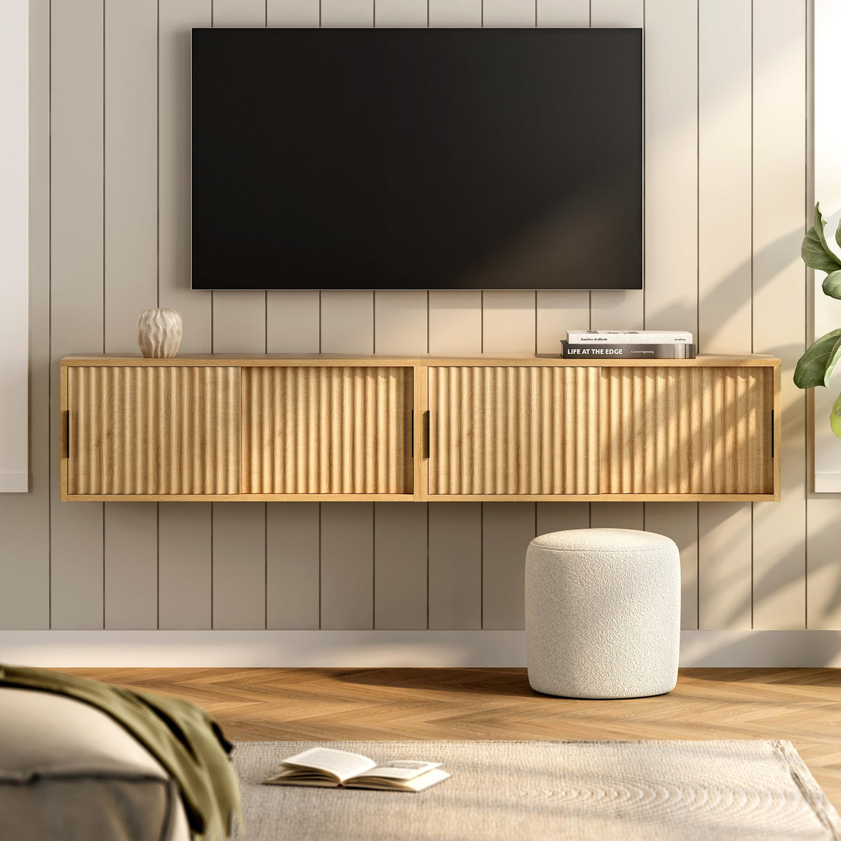 EYYTHUNG Floating Nightstand with Sliding Doors, Modern Large Night Stand Storage Shelf Wall Mounted Bedside Tables for Bedroom, Study Room Natural Oak EYYTHUNG