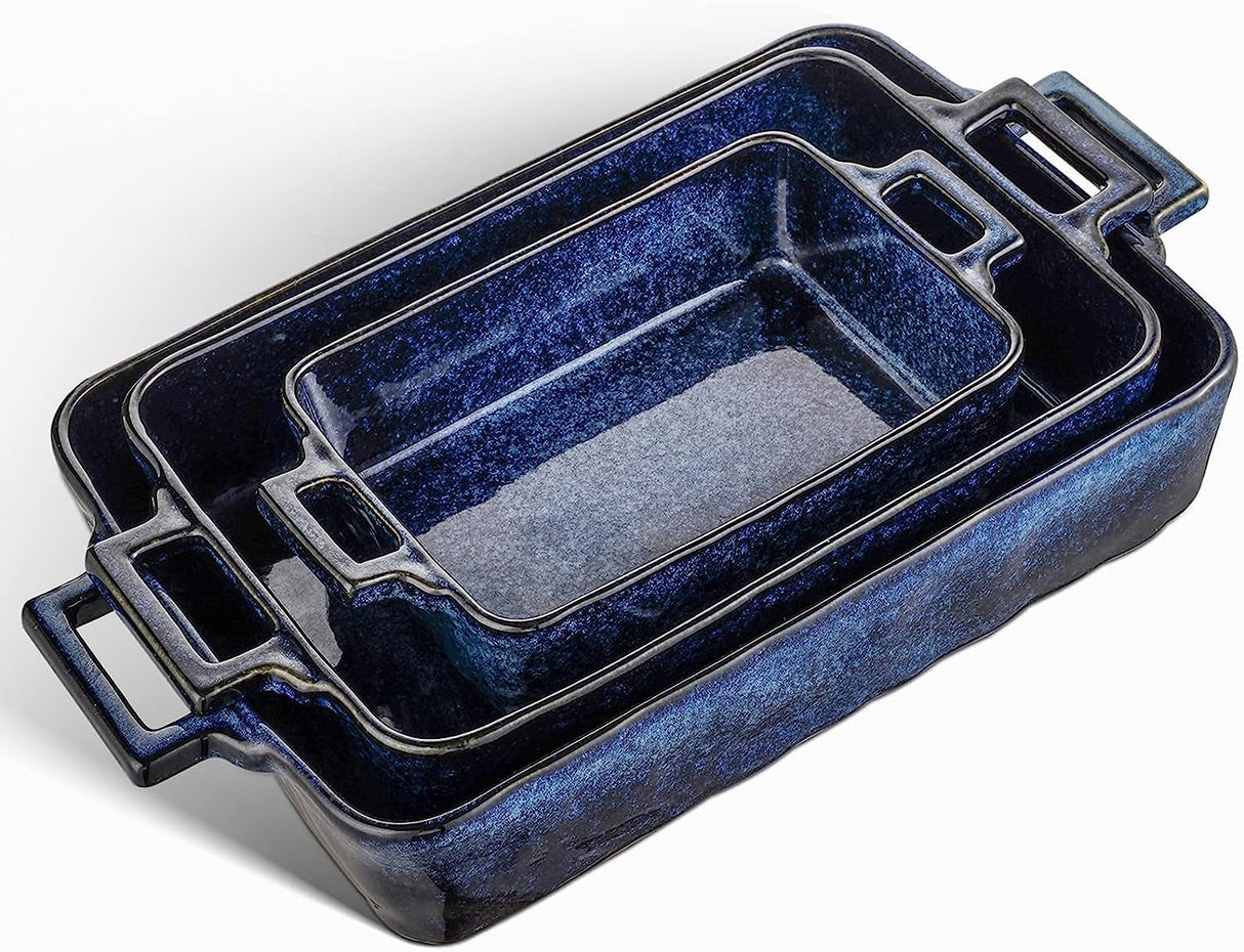 VICRAYS Ceramic Bakeware Set, Porcelain Rectangular Lasagna Pans Casserole Dish Set for Baking, Cooking, Kitchen, Cake Dinner, Banquet and Daily Use, 3 PCS, 15 x 8.5 Inches(Blue) vicrays