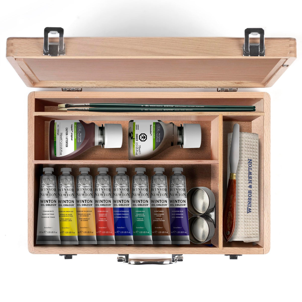 Winsor & Newton Winton Oil Colour, Wooden Paint Set 8 x 37ml Tubes (includes Liquin, Sansodor, 2 Brushes, Knife, Cloth, Godet) Winsor & Newton